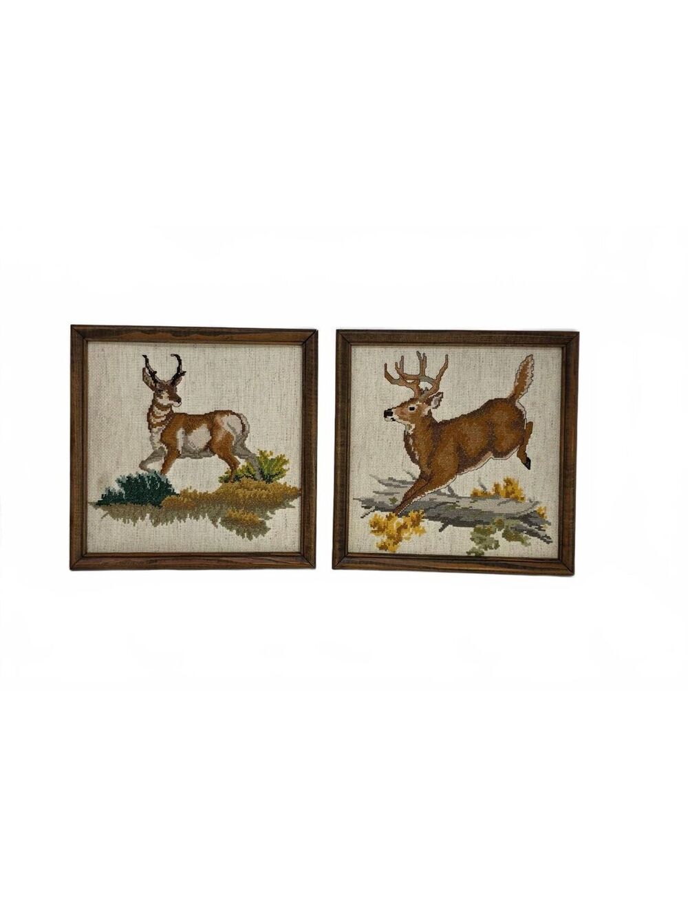 Vintage Framed Cross Stitch Deer & Pronghorn Pair Cabin Wall Art